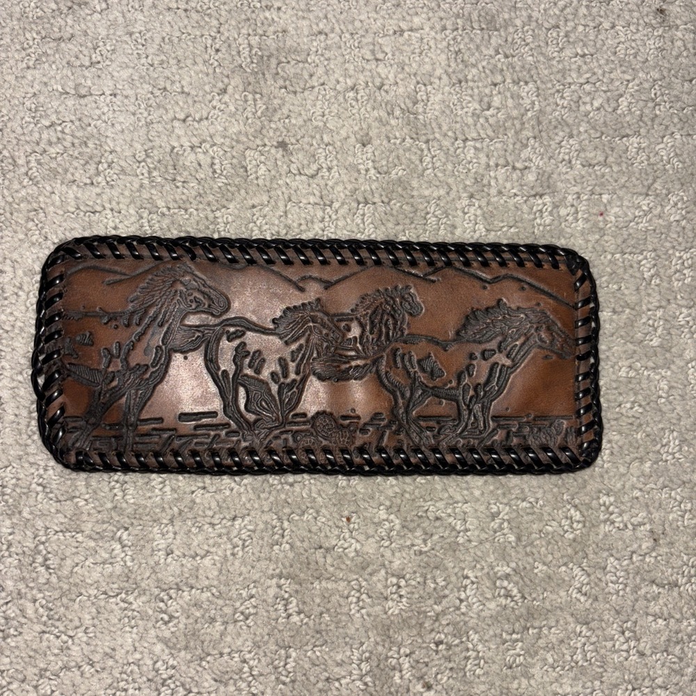 Vintage Hand Tooled Leather Bifold Wallet Black Laced Edge Western Horse